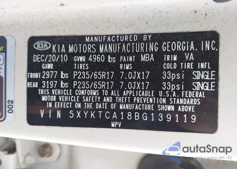 2011 Kia Sorento Lx from USA, damaged, VIN 5XYKTCA18BG139119